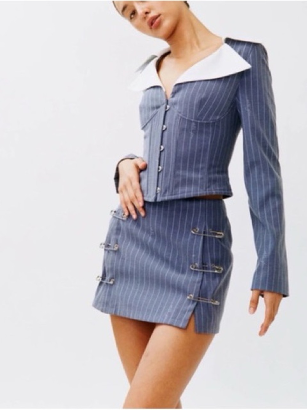 With Jean Pinstripe Mini Skirt in Slate Blue with metal Pins